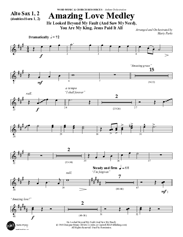 Amazing Love Medley (Choral Anthem SATB) Alto Sax 1/2 (Word Music Choral / Arr. Marty Parks)