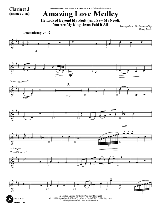 Amazing Love Medley (Choral Anthem SATB) Clarinet 3 (Word Music Choral / Arr. Marty Parks)