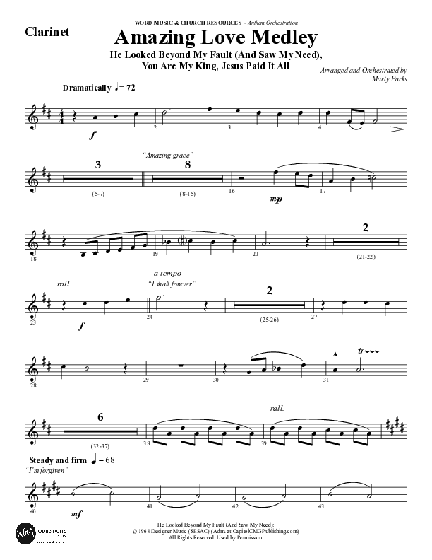 Amazing Love Medley (Choral Anthem SATB) Clarinet (Word Music Choral / Arr. Marty Parks)