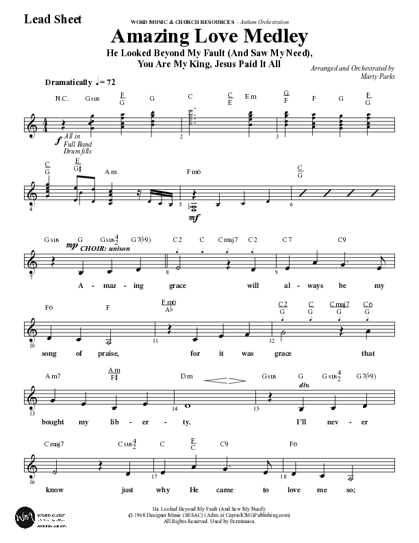 Amazing Love Medley (Choral Anthem SATB) Lead Sheet (Melody) (Word Music Choral / Arr. Marty Parks)