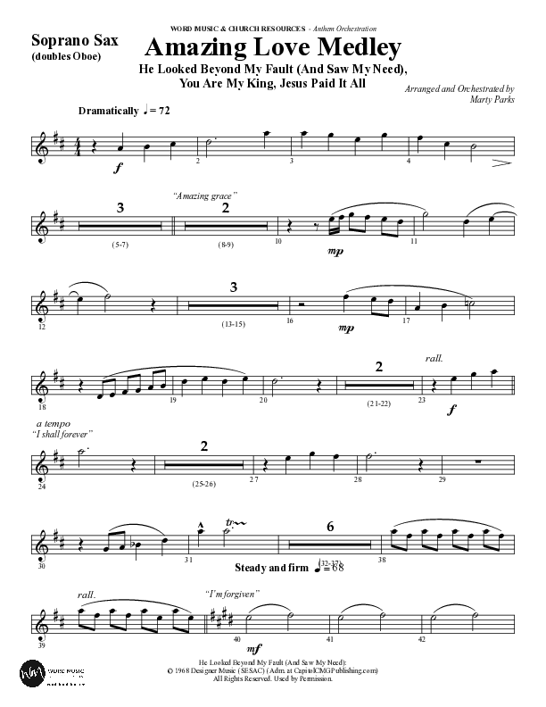 Amazing Love Medley (Choral Anthem SATB) Soprano Sax (Word Music Choral / Arr. Marty Parks)