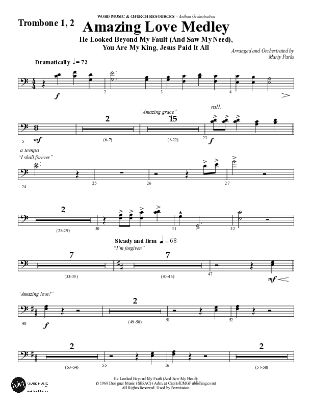 Amazing Love Medley (Choral Anthem SATB) Trombone 1/2 (Word Music Choral / Arr. Marty Parks)