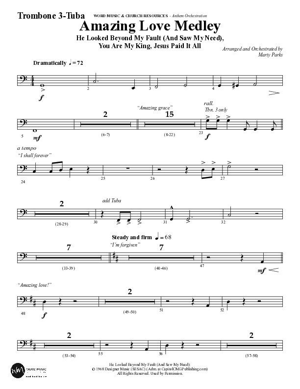 Amazing Love Medley (Choral Anthem SATB) Trombone 3/Tuba (Word Music Choral / Arr. Marty Parks)