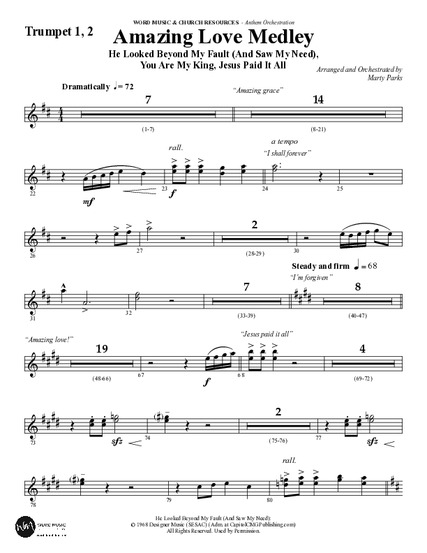 Amazing Love Medley (Choral Anthem SATB) Trumpet 1,2 (Word Music Choral / Arr. Marty Parks)