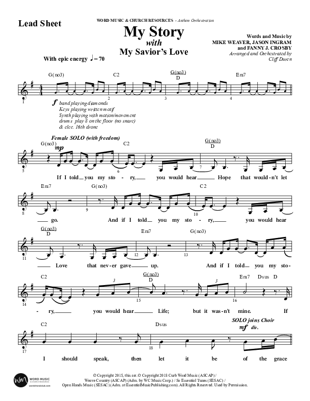 My Story with My Savior's Love (Choral Anthem SATB) Lead Sheet (SAT) (Word Music Choral / Arr. Cliff Duren)