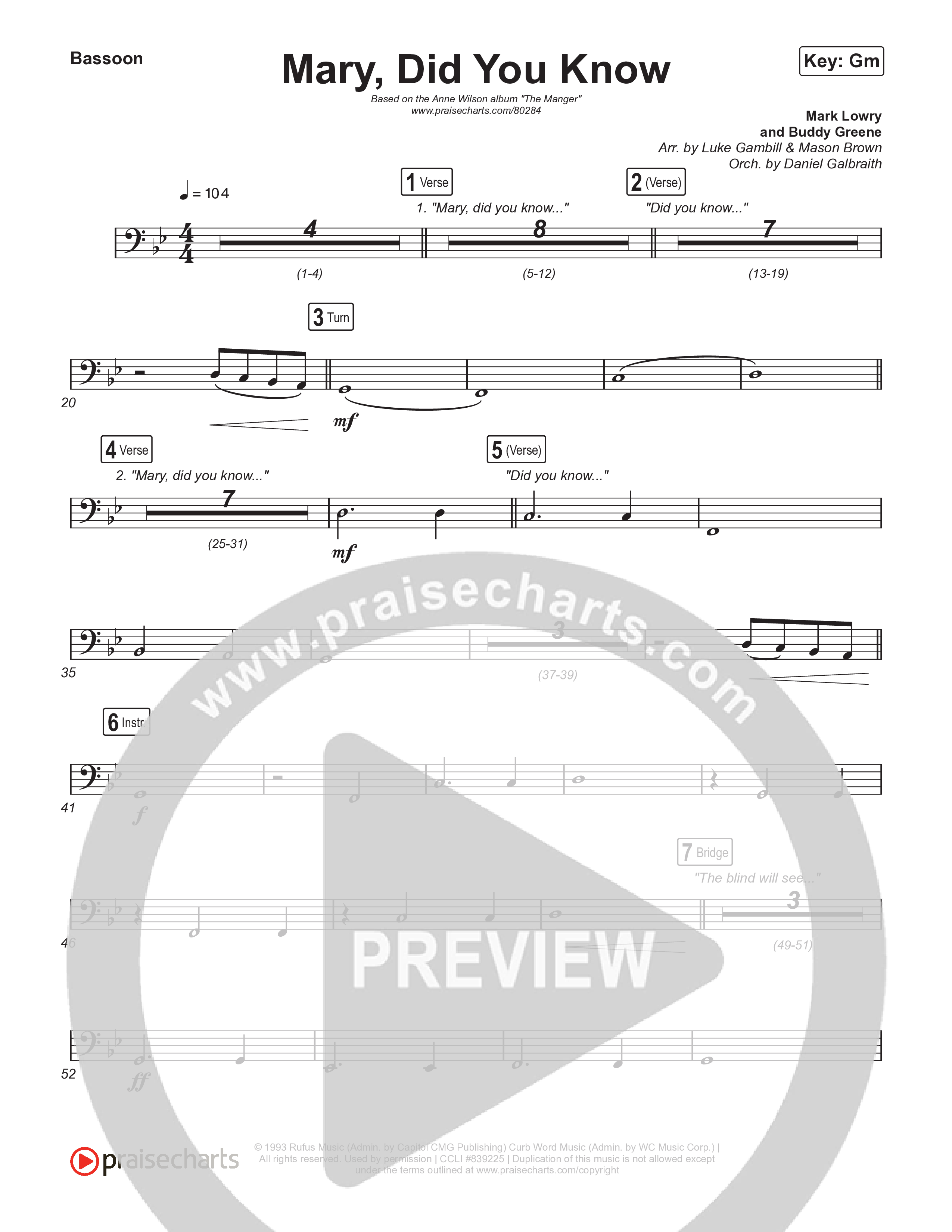 Mary Did You Know (Choral Anthem SATB) Bassoon (Anne Wilson / Arr. Luke Gambill)