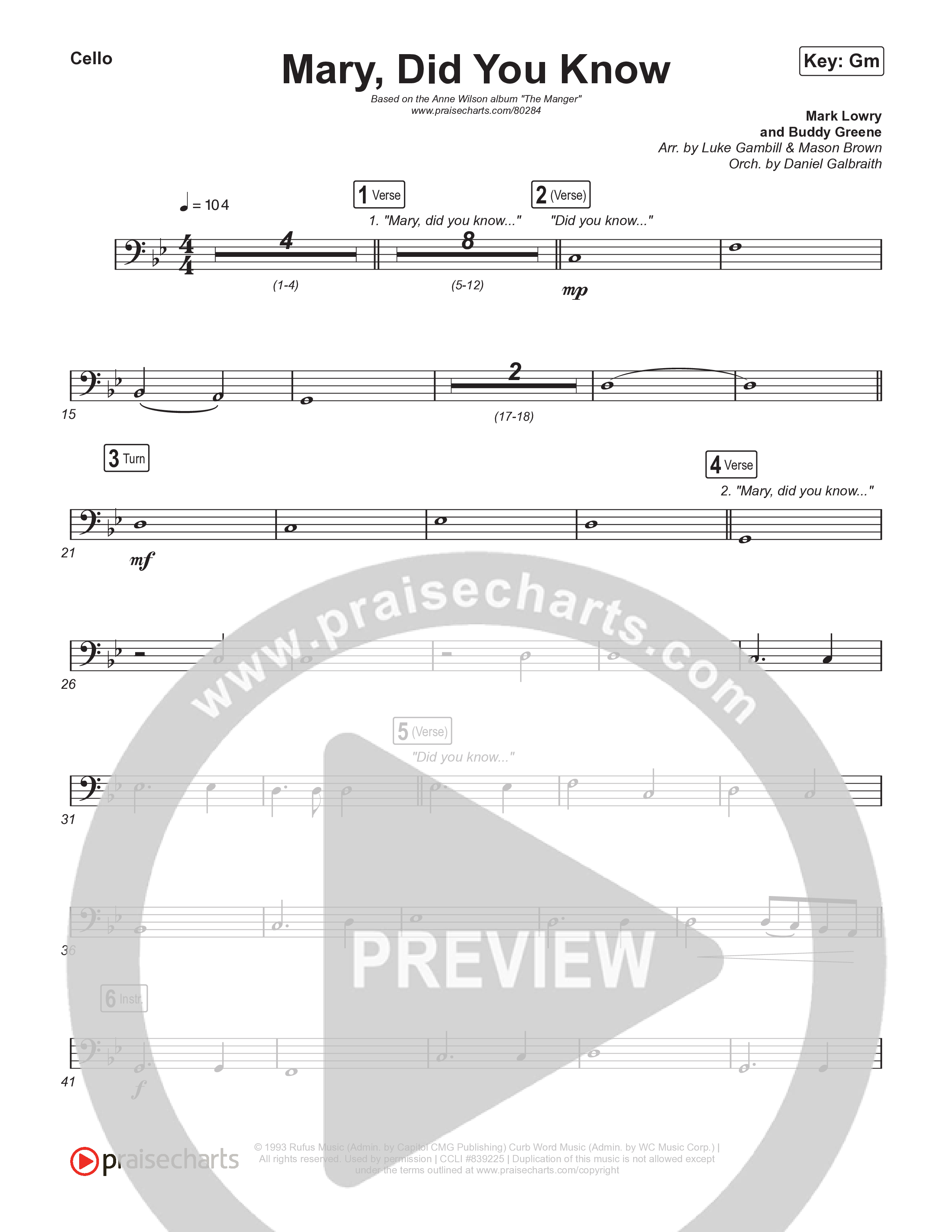 Mary Did You Know (Choral Anthem SATB) Cello (Anne Wilson / Arr. Luke Gambill)
