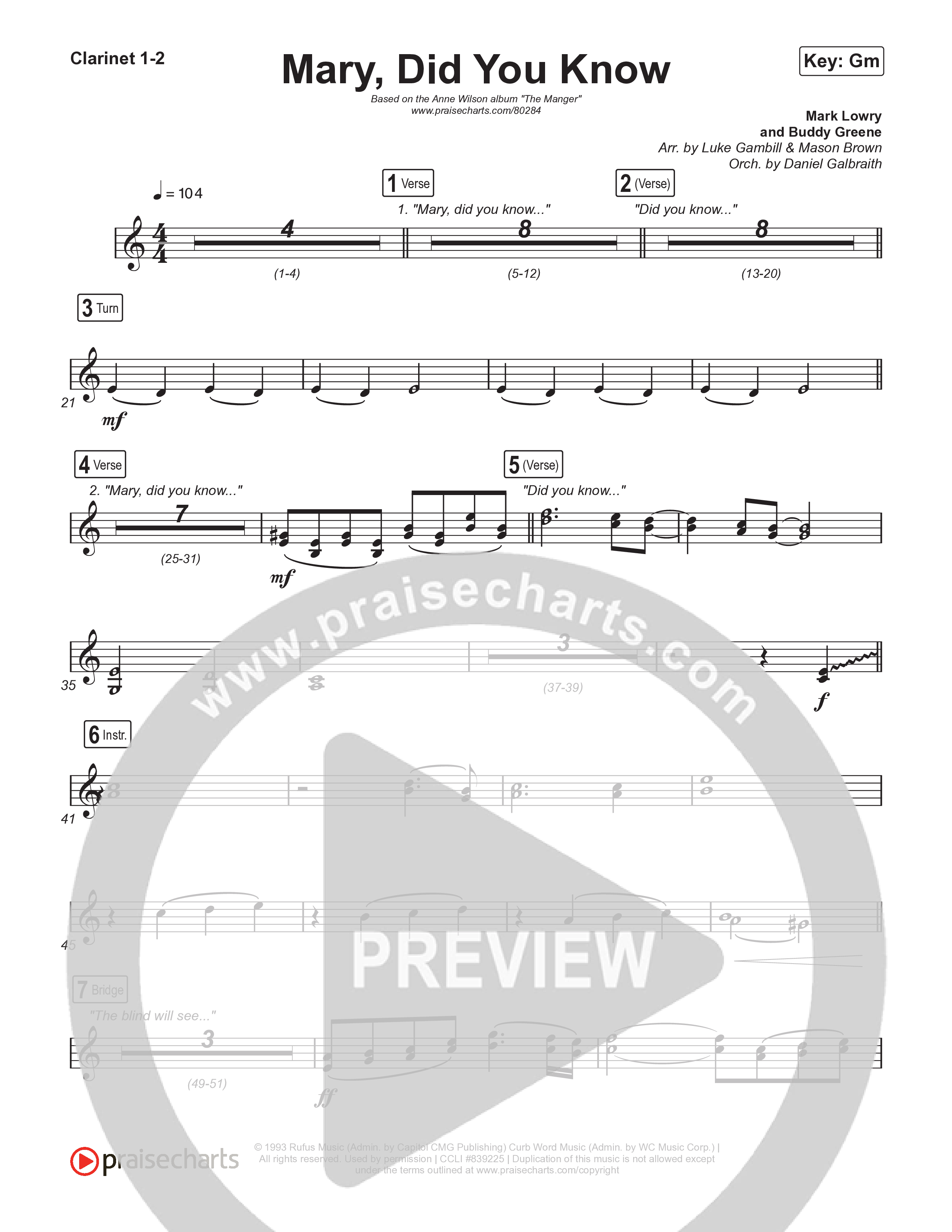 Mary Did You Know (Choral Anthem SATB) Clarinet 1,2 (Anne Wilson / Arr. Luke Gambill)