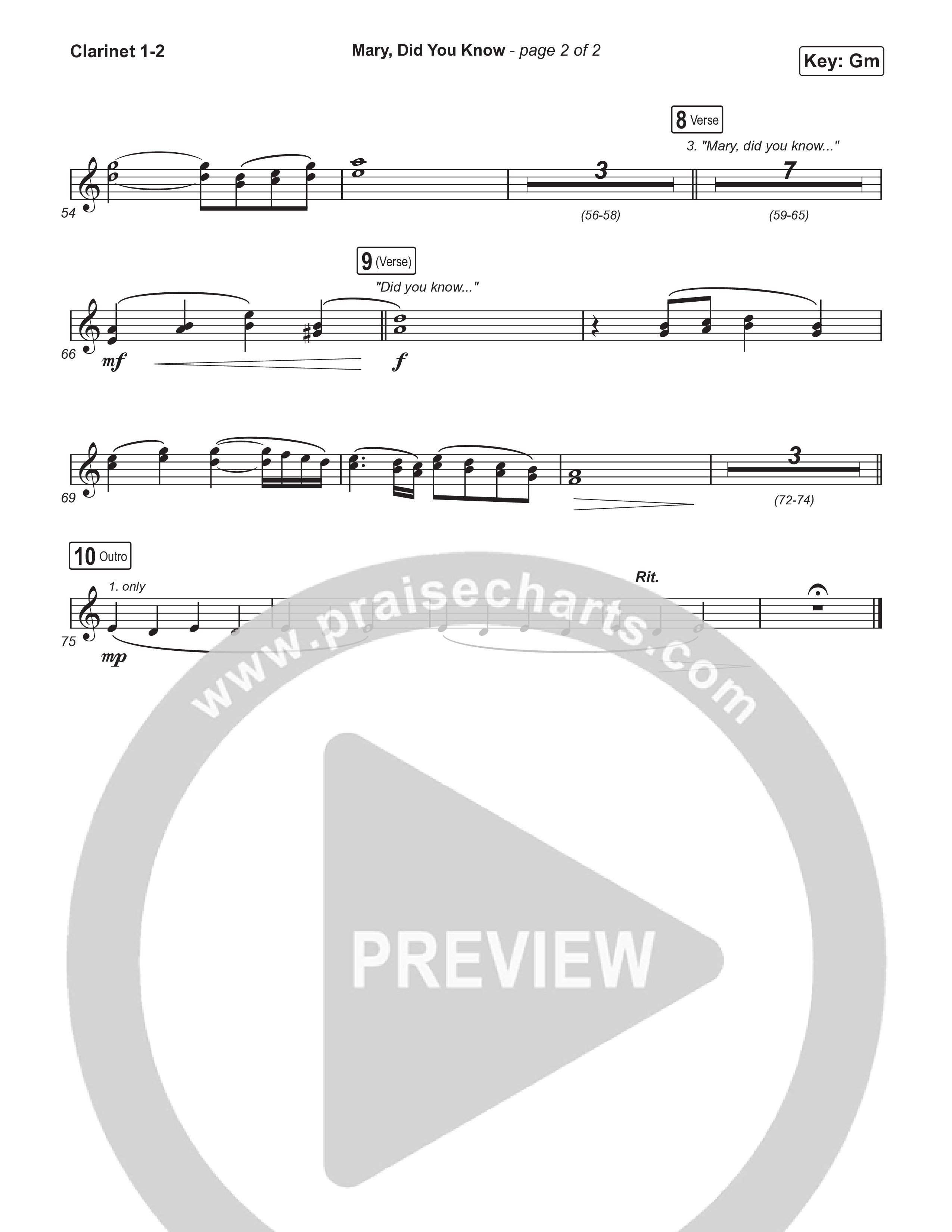 Mary Did You Know (Choral Anthem SATB) Clarinet 1/2 (Anne Wilson / Arr. Luke Gambill)