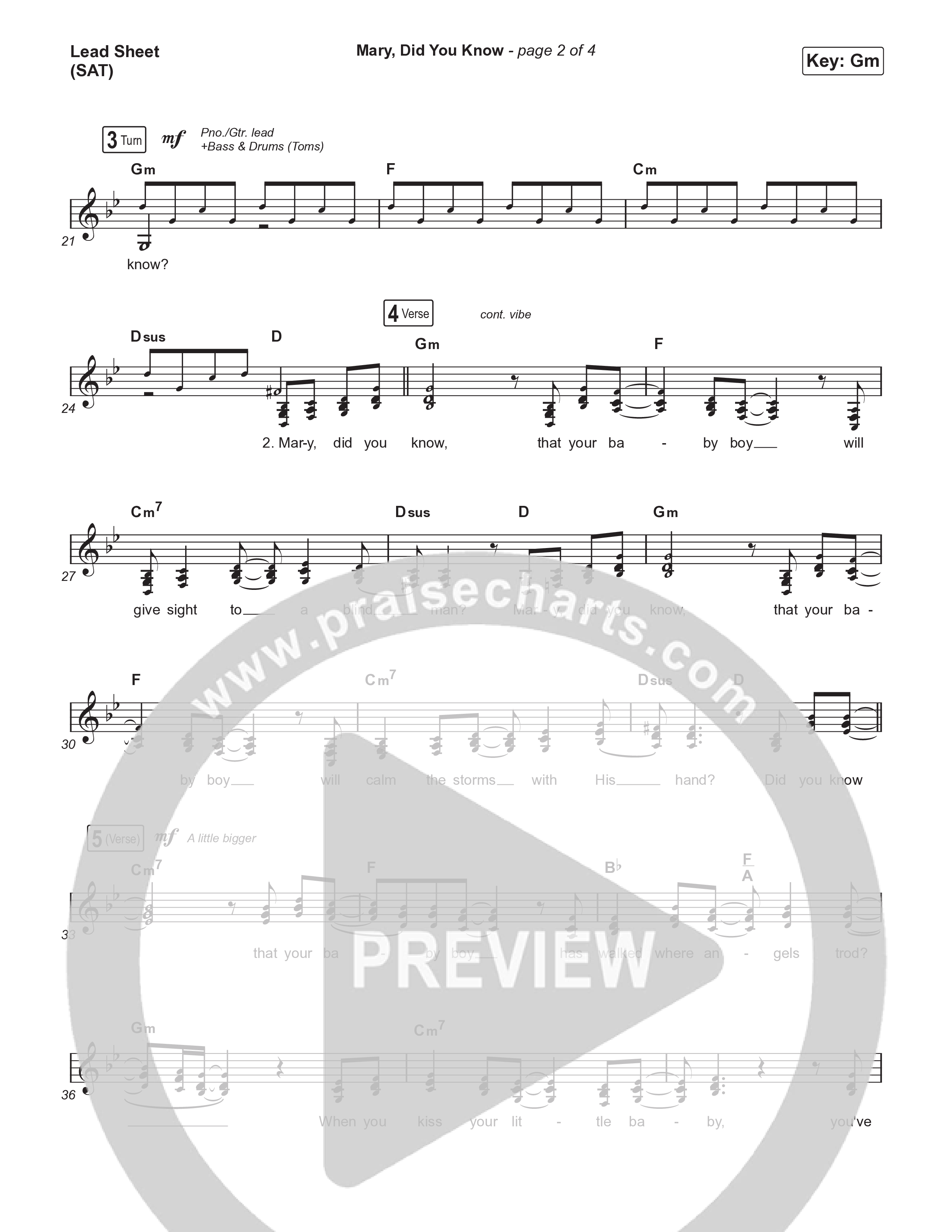 Mary Did You Know (Choral Anthem SATB) Lead Sheet (SAT) (Anne Wilson / Arr. Luke Gambill)