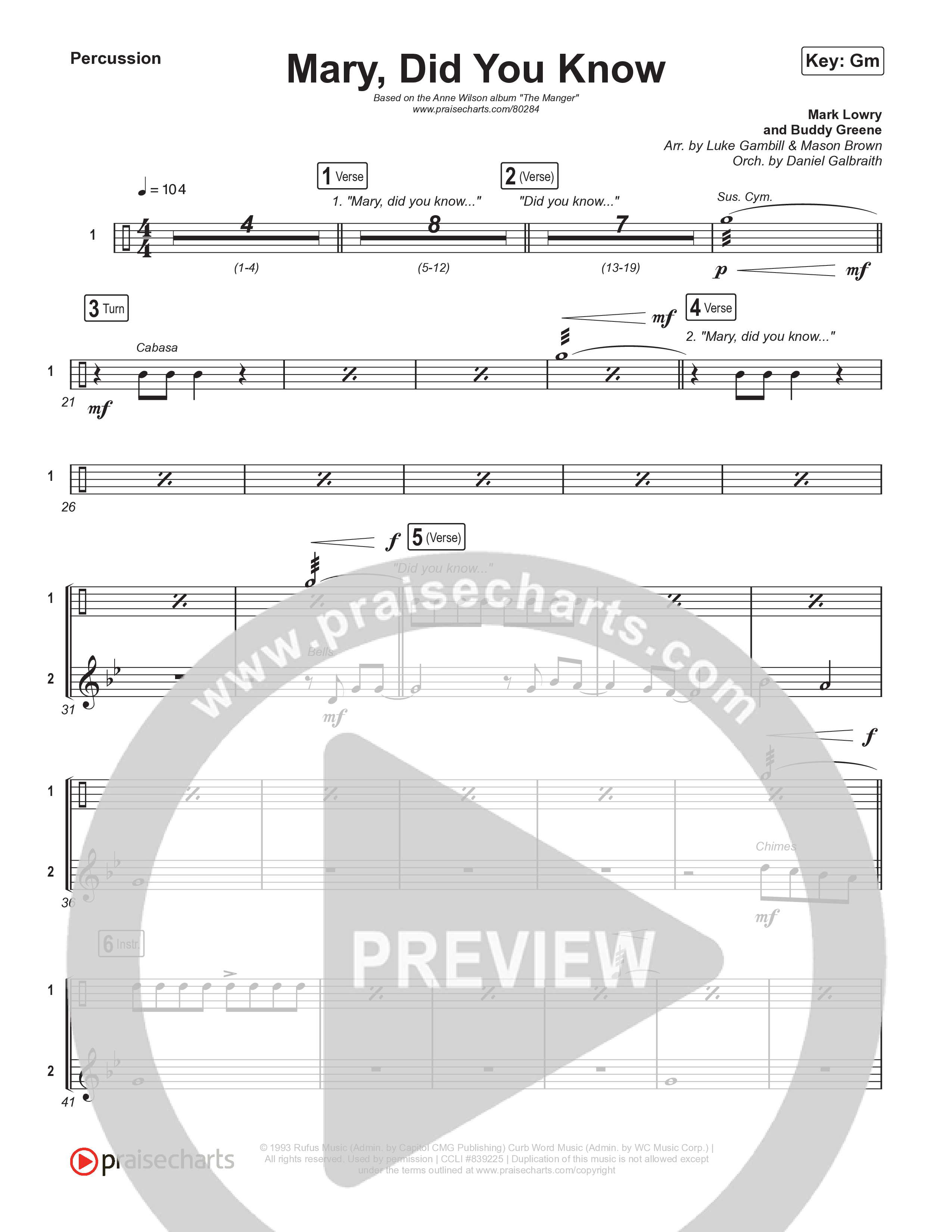 Mary Did You Know (Choral Anthem SATB) Percussion (Anne Wilson / Arr. Luke Gambill)