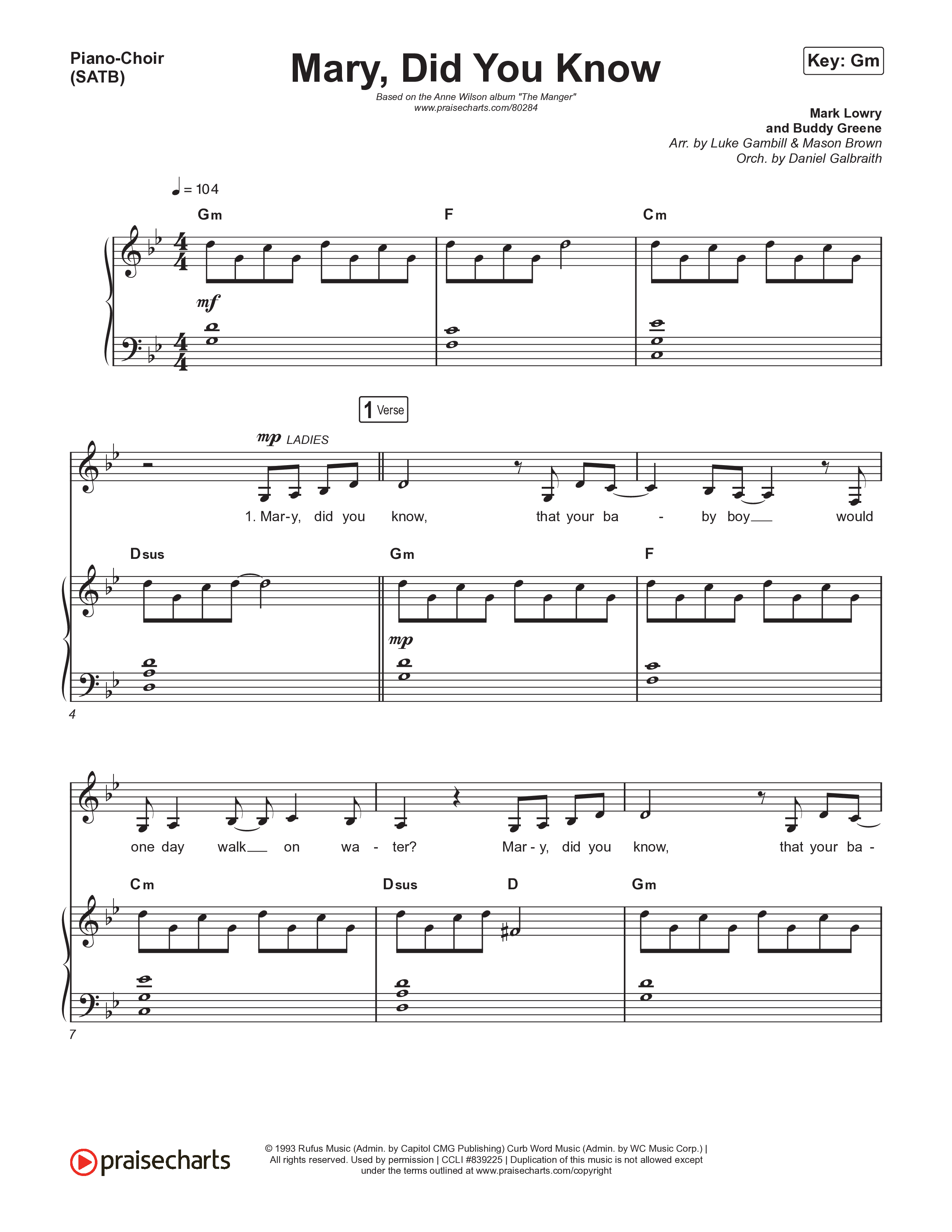 Mary Did You Know (Choral Anthem SATB) Piano/Vocal (SATB) (Anne Wilson / Arr. Luke Gambill)