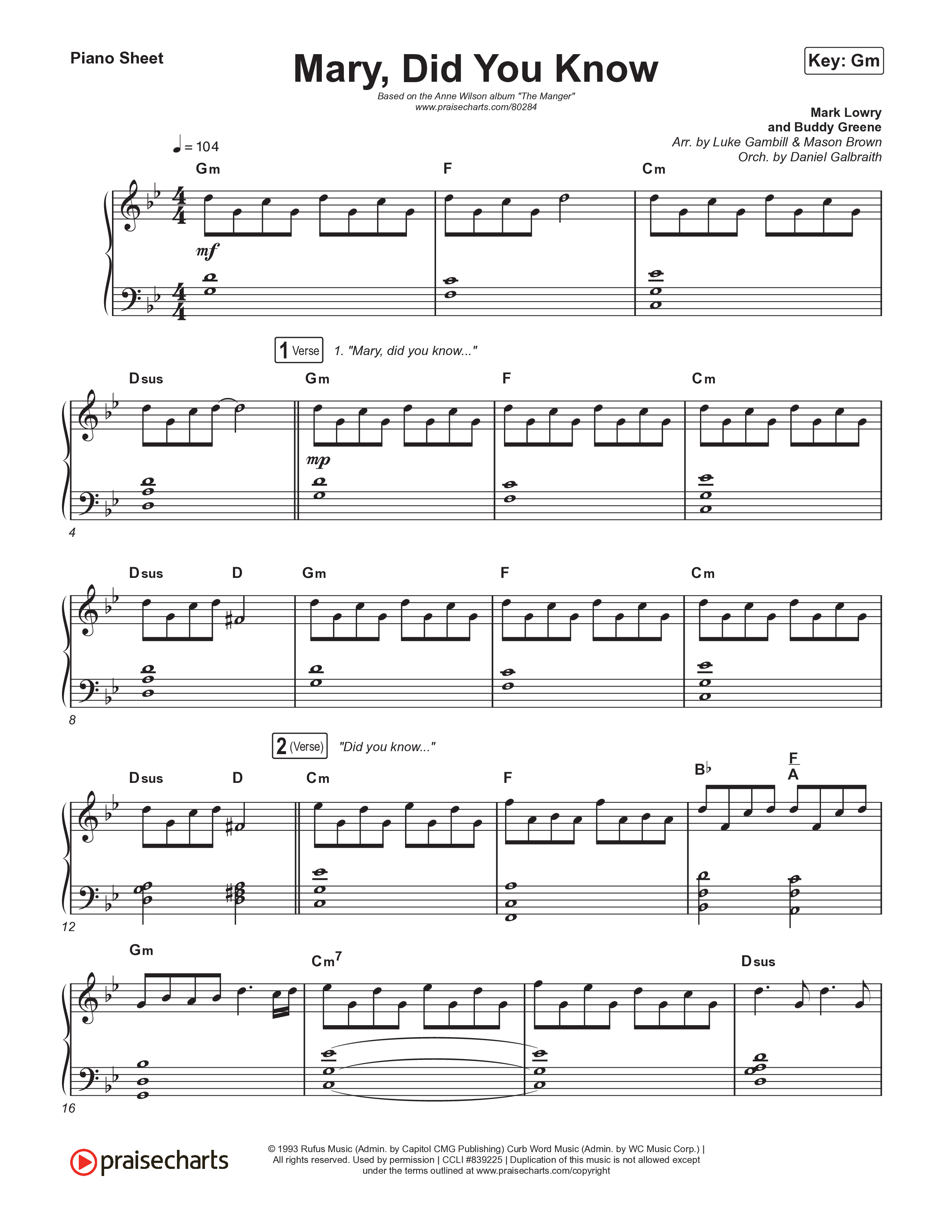 Mary Did You Know (Choral Anthem SATB) Piano Sheet (Anne Wilson / Arr. Luke Gambill)