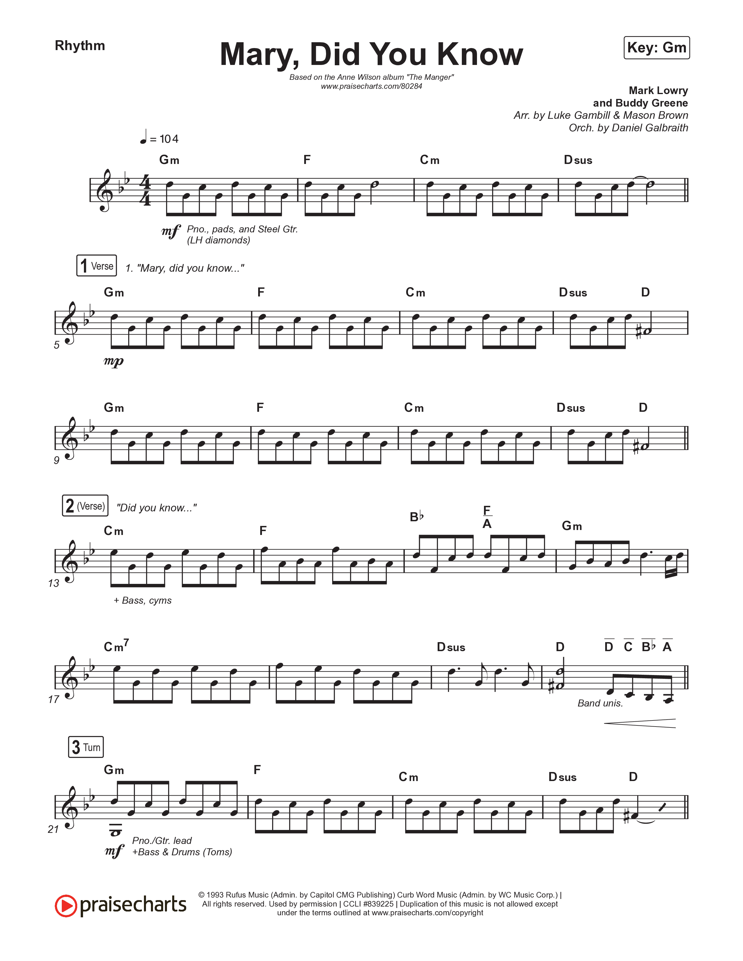 Mary Did You Know (Choral Anthem SATB) Rhythm Chart (Anne Wilson / Arr. Luke Gambill)