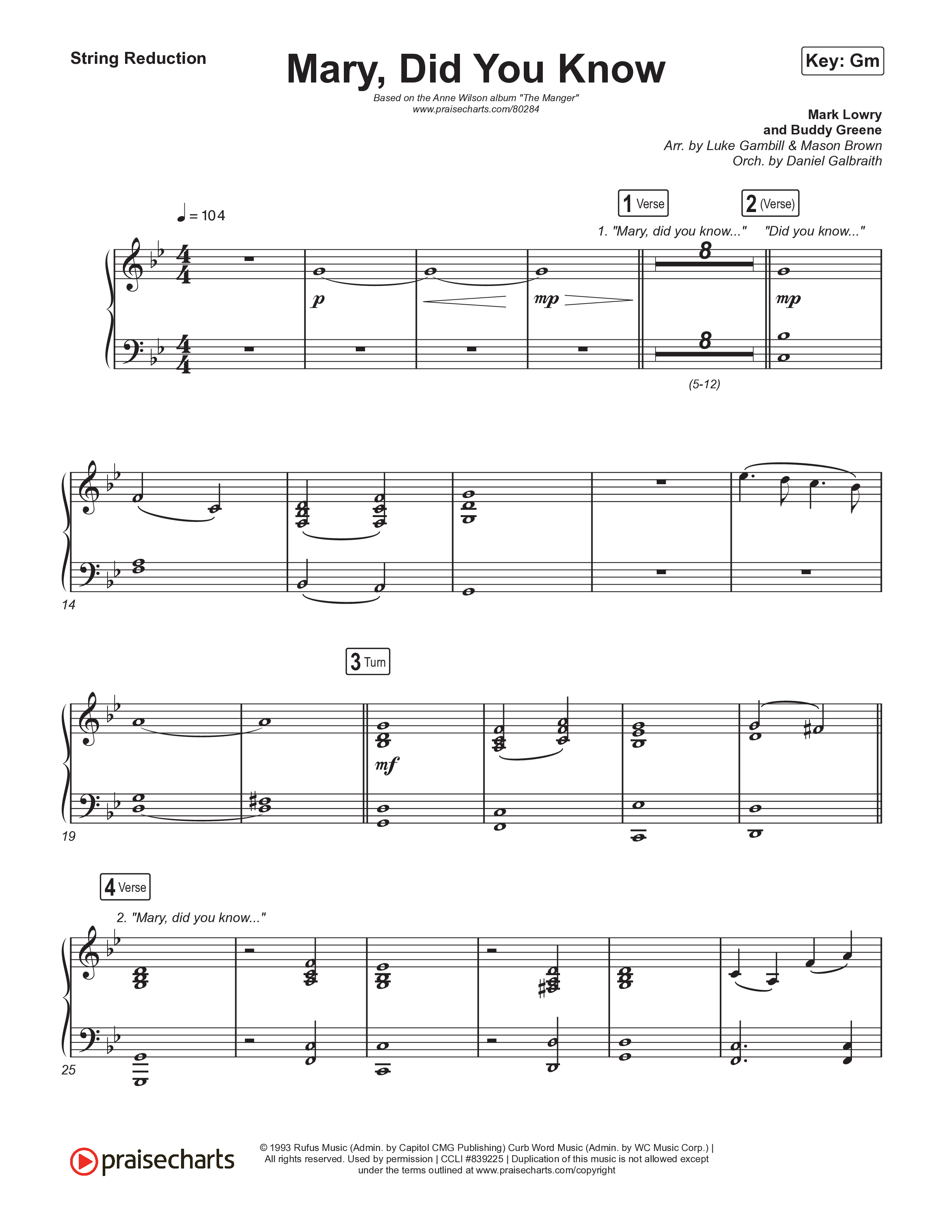 Mary Did You Know (Choral Anthem SATB) String Reduction (Anne Wilson / Arr. Luke Gambill)