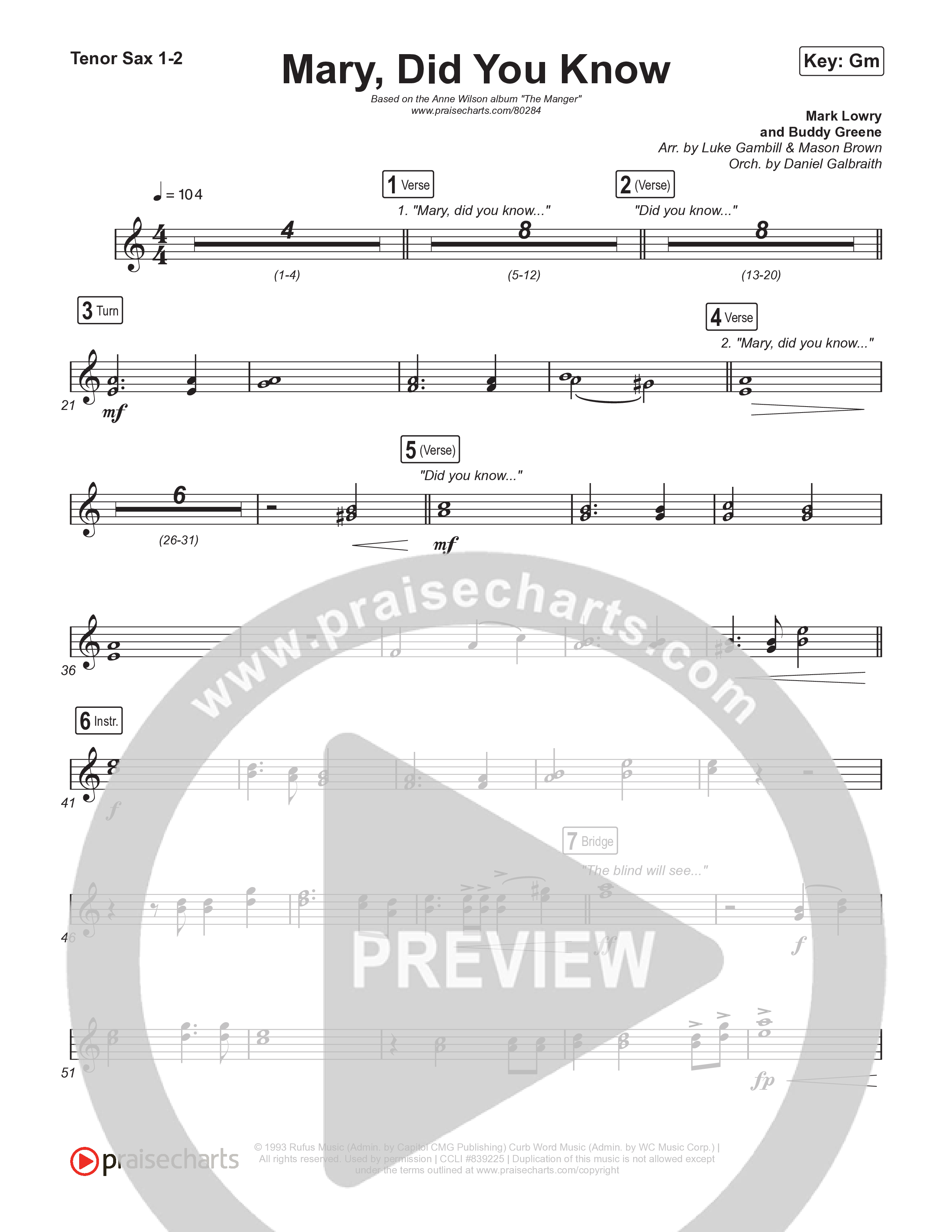 Mary Did You Know (Choral Anthem SATB) Tenor Sax 1,2 (Anne Wilson / Arr. Luke Gambill)