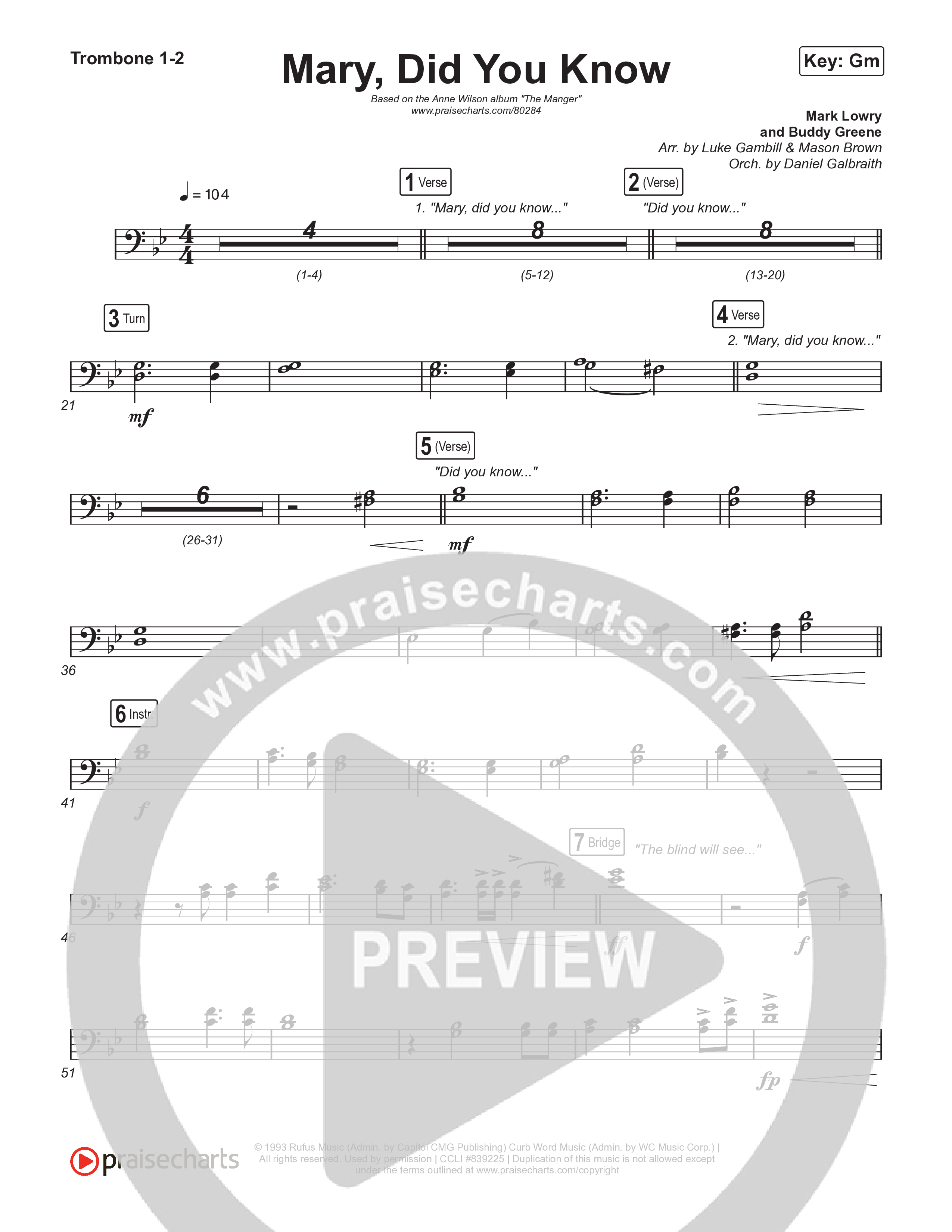 Mary Did You Know (Choral Anthem SATB) Trombone 1/2 (Anne Wilson / Arr. Luke Gambill)