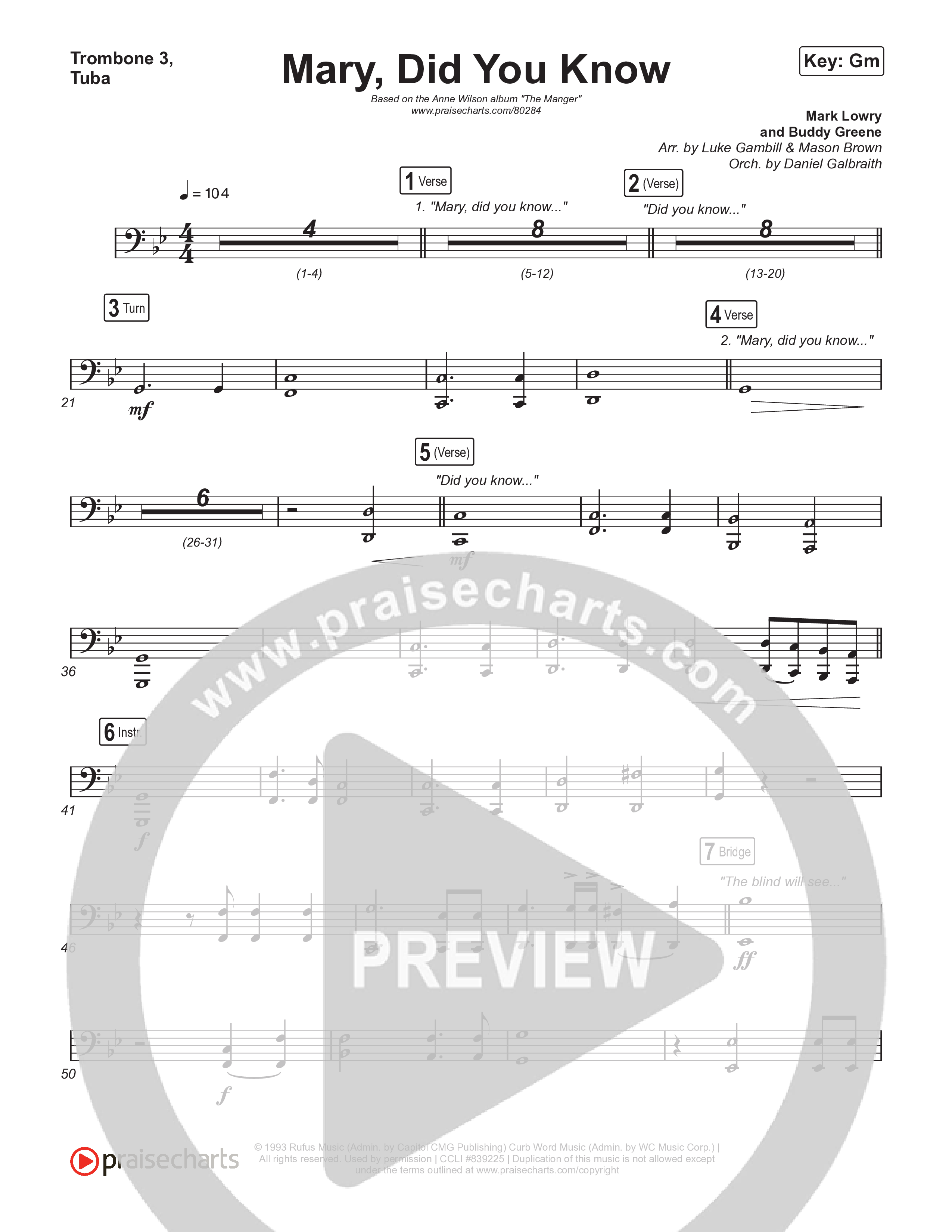 Mary Did You Know (Choral Anthem SATB) Trombone 1,2 (Anne Wilson / Arr. Luke Gambill)