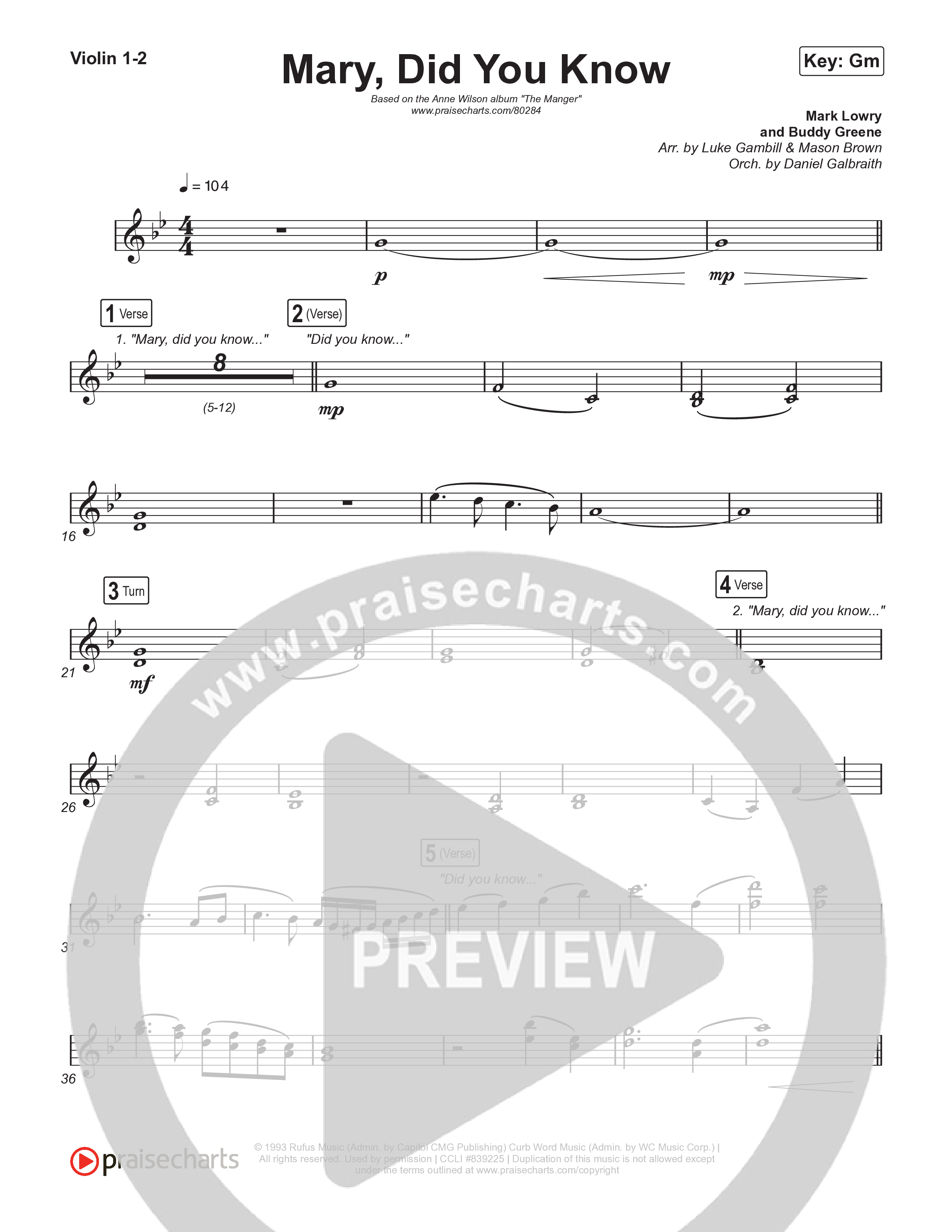 Mary Did You Know (Choral Anthem SATB) Violin 1,2 (Anne Wilson / Arr. Luke Gambill)