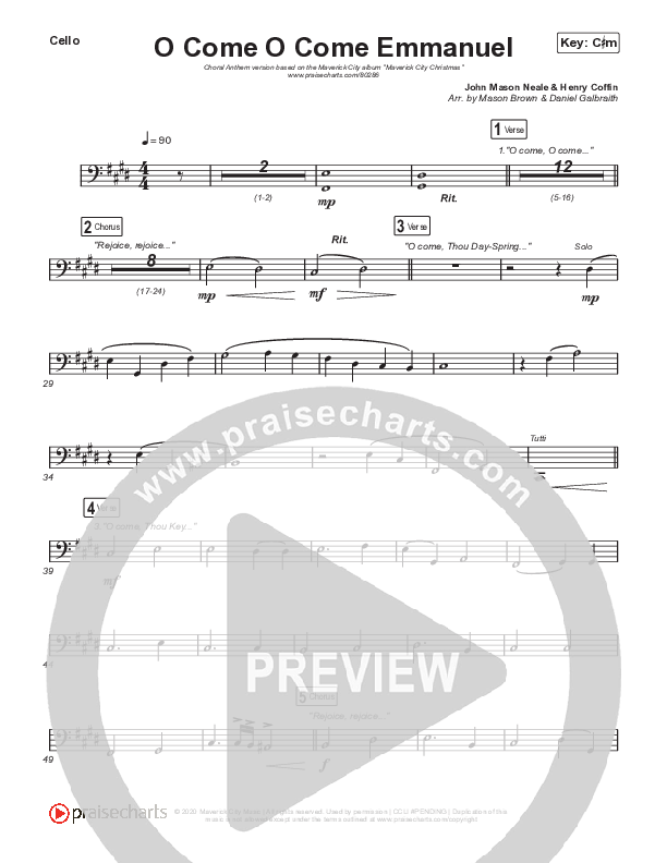 O Come O Come Emmanuel (Choral Anthem SATB) Cello (We The Kingdom / Dante Bowe / Maverick City Music / Arr. Mason Brown)