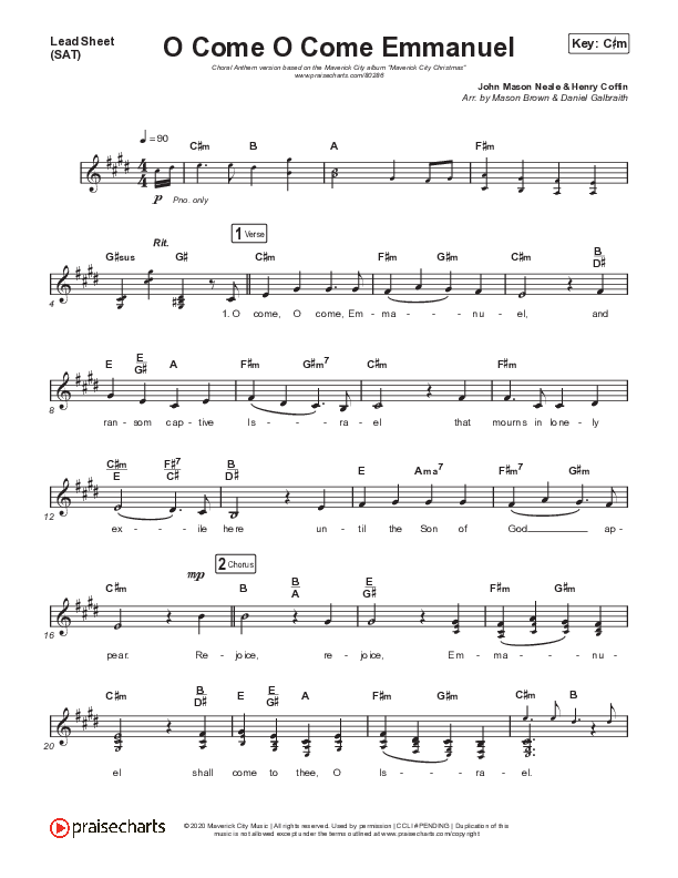 O Come O Come Emmanuel (Choral Anthem SATB) Lead Sheet (SAT) (We The Kingdom / Dante Bowe / Maverick City Music / Arr. Mason Brown)