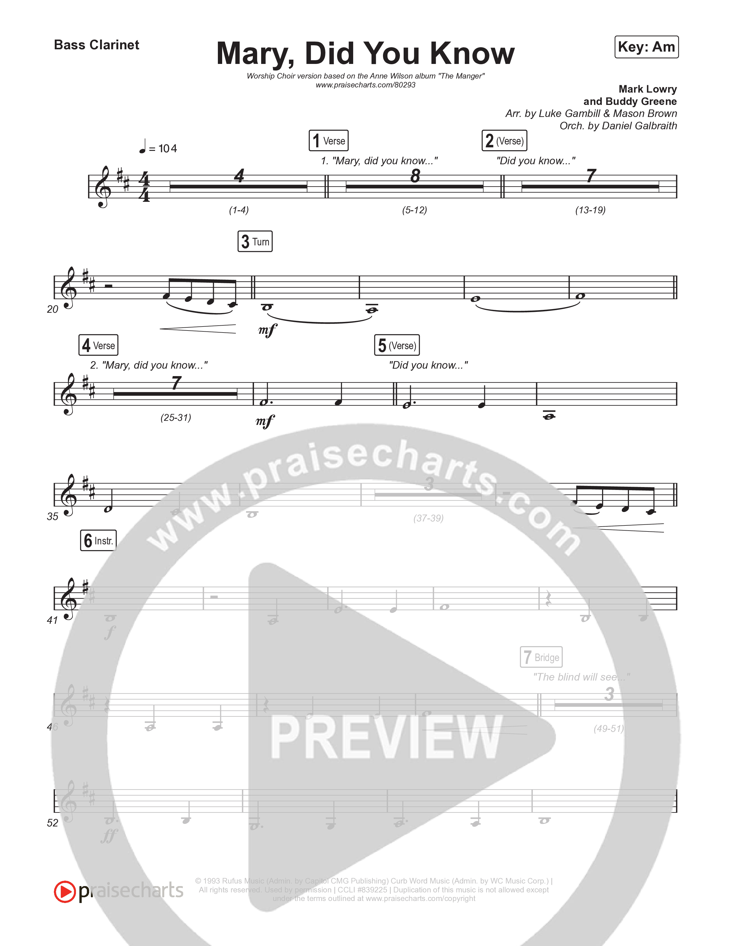 Mary Did You Know (Worship Choir SAB) Bass Clarinet (Anne Wilson / Arr. Luke Gambill)