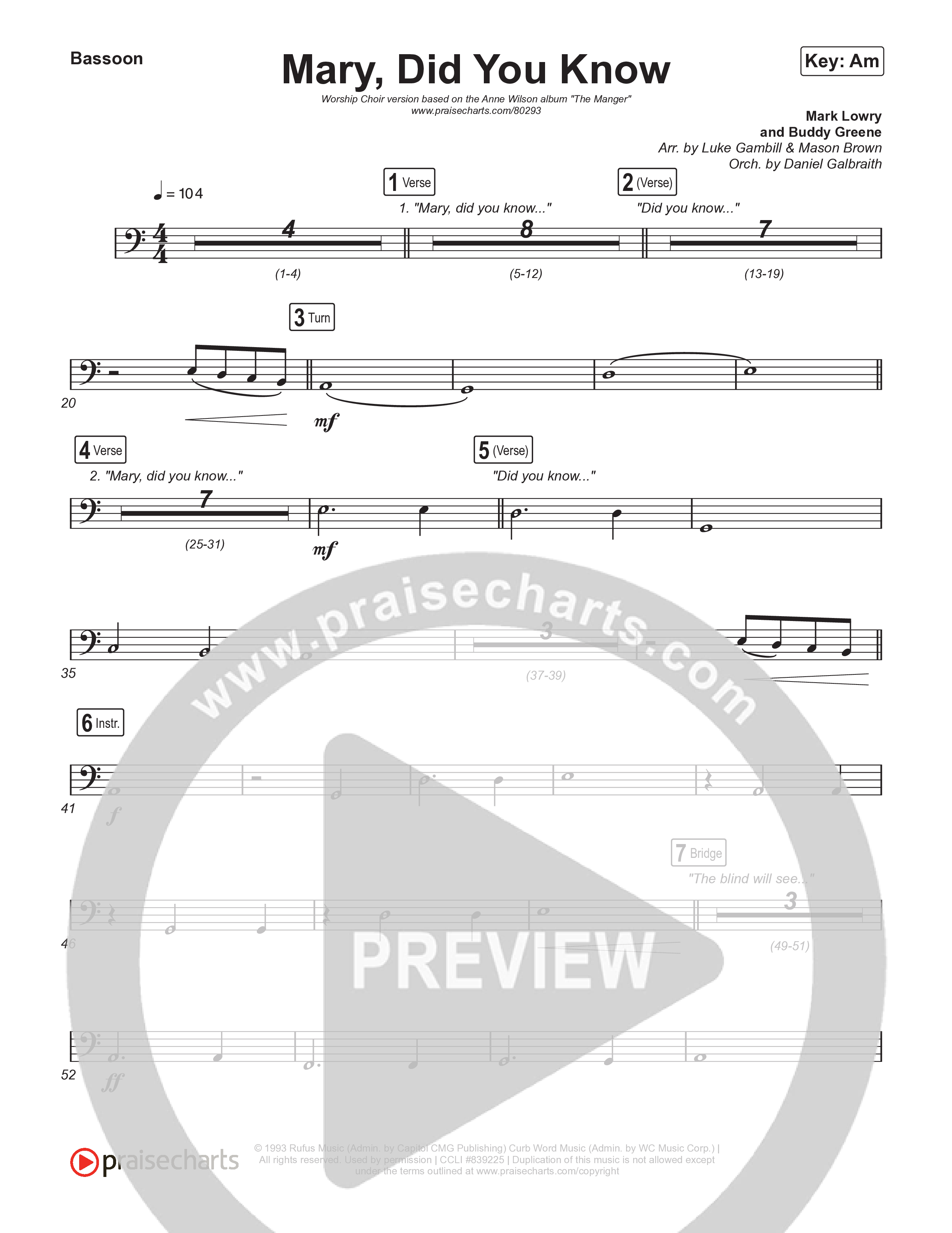 Mary Did You Know (Worship Choir SAB) Bassoon (Anne Wilson / Arr. Luke Gambill)