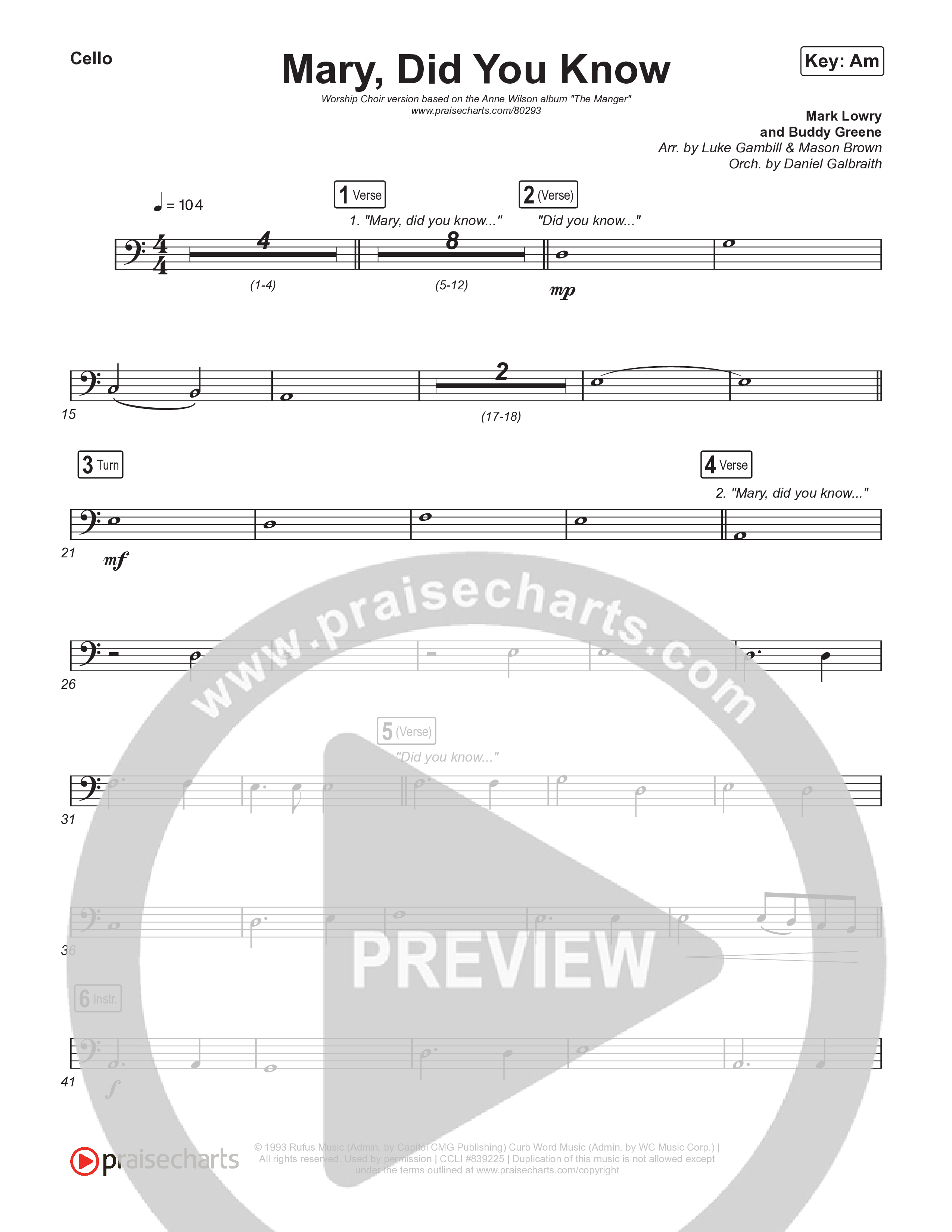 Mary Did You Know (Worship Choir SAB) Cello (Anne Wilson / Arr. Luke Gambill)