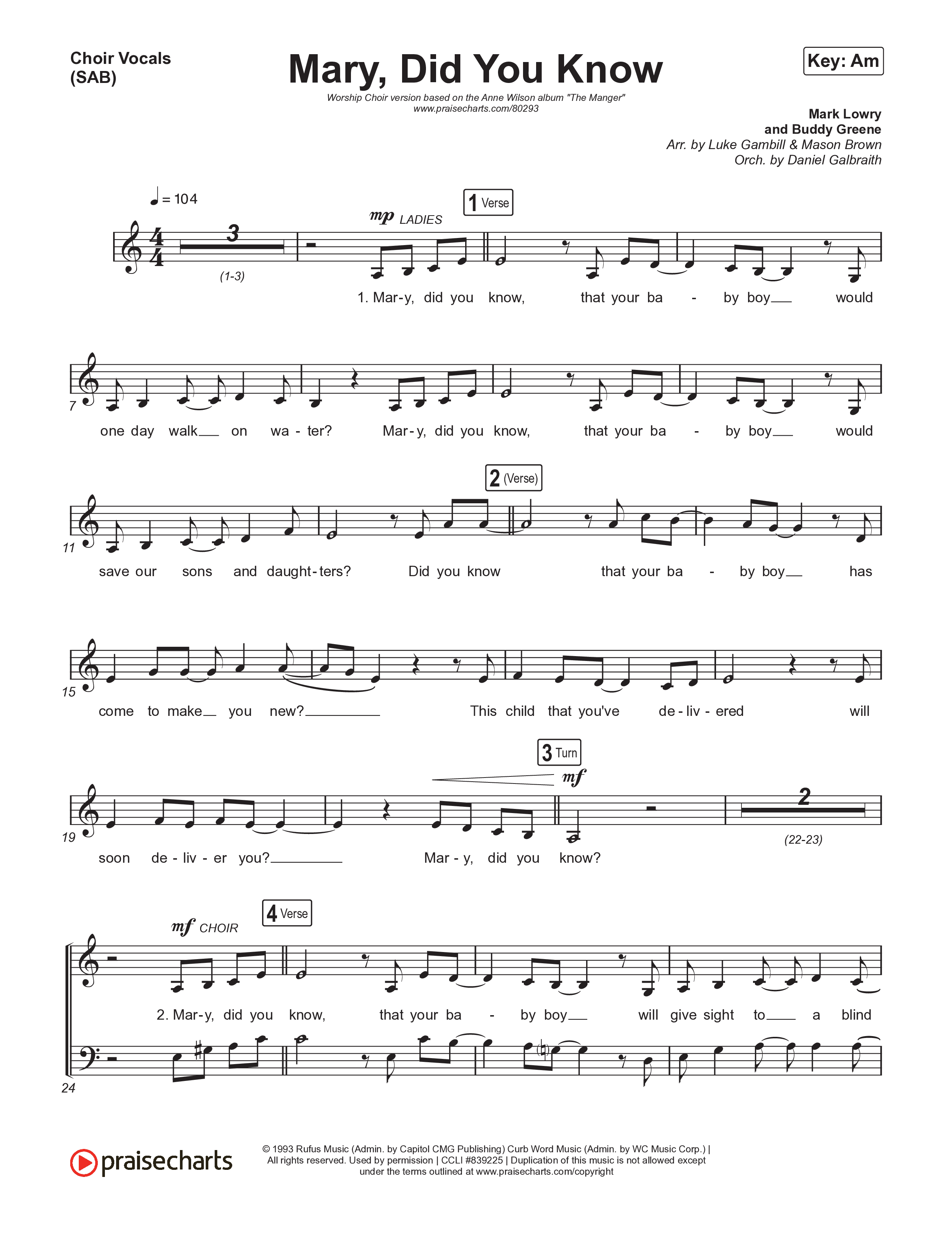 Mary Did You Know (Worship Choir SAB) Choir Sheet (SAB) (Anne Wilson / Arr. Luke Gambill)