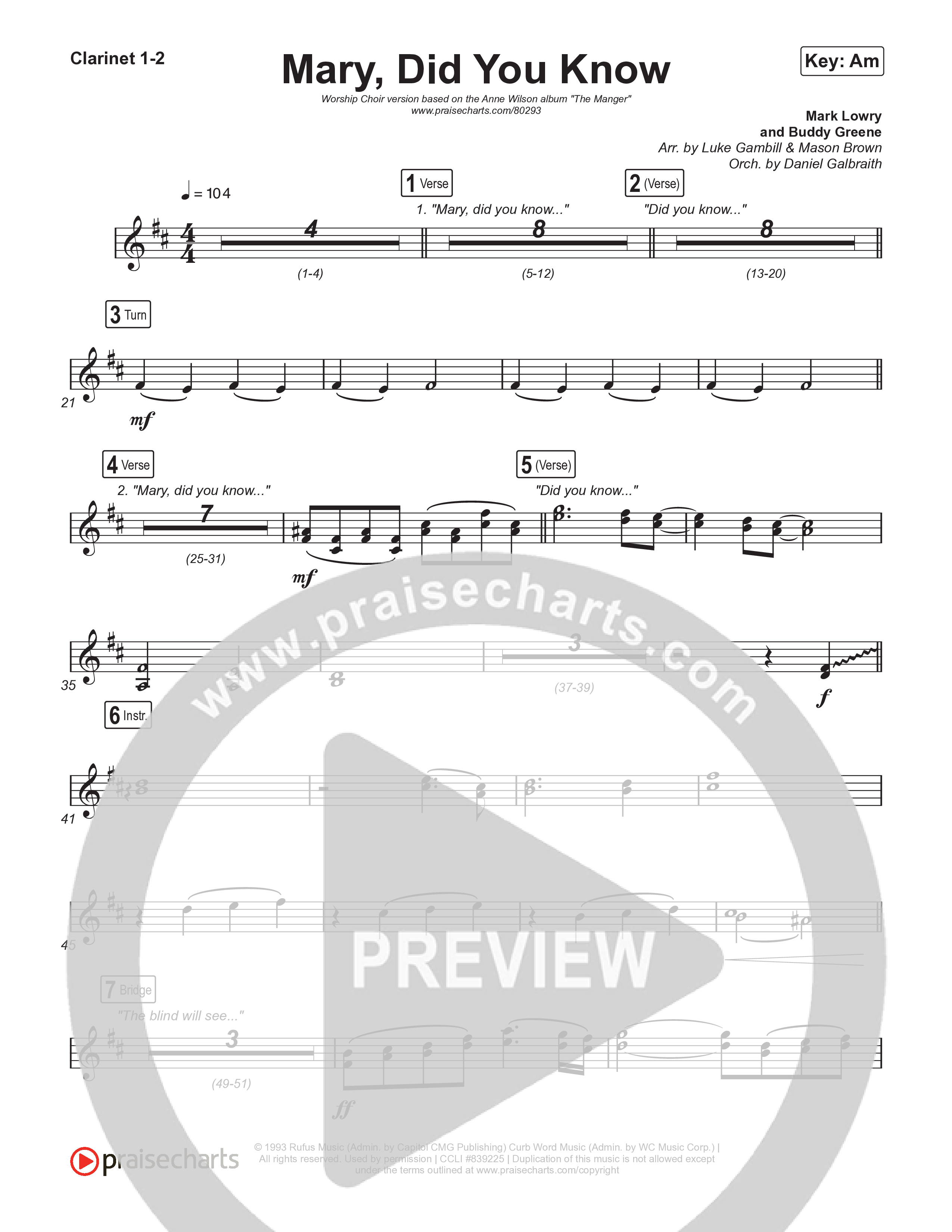 Mary Did You Know (Worship Choir SAB) Clarinet 1/2 (Anne Wilson / Arr. Luke Gambill)