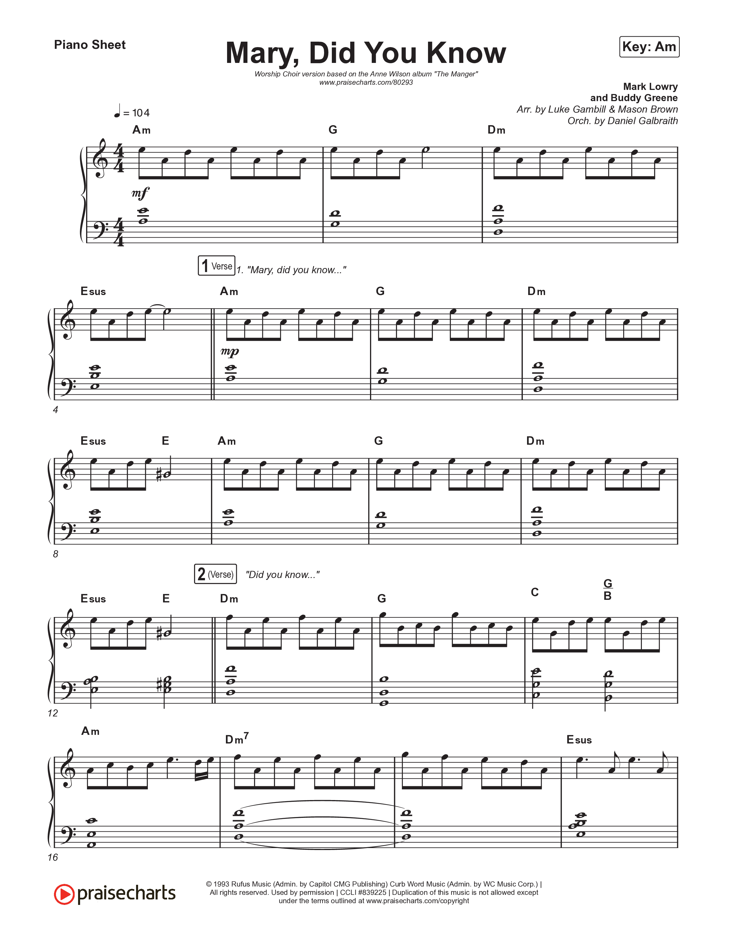 Mary Did You Know (Worship Choir SAB) Piano Sheet (Anne Wilson / Arr. Luke Gambill)