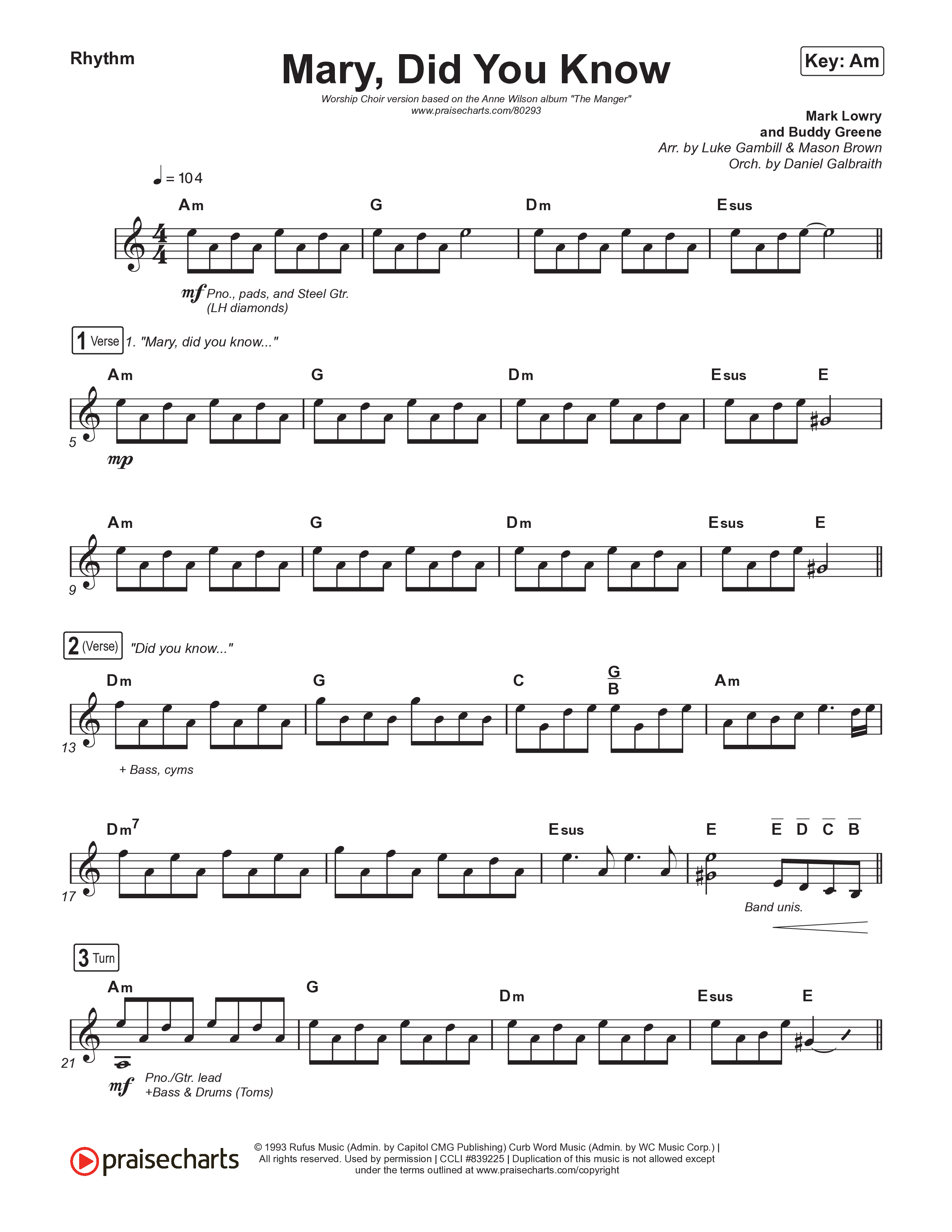 Mary Did You Know (Worship Choir SAB) Rhythm Chart (Anne Wilson / Arr. Luke Gambill)