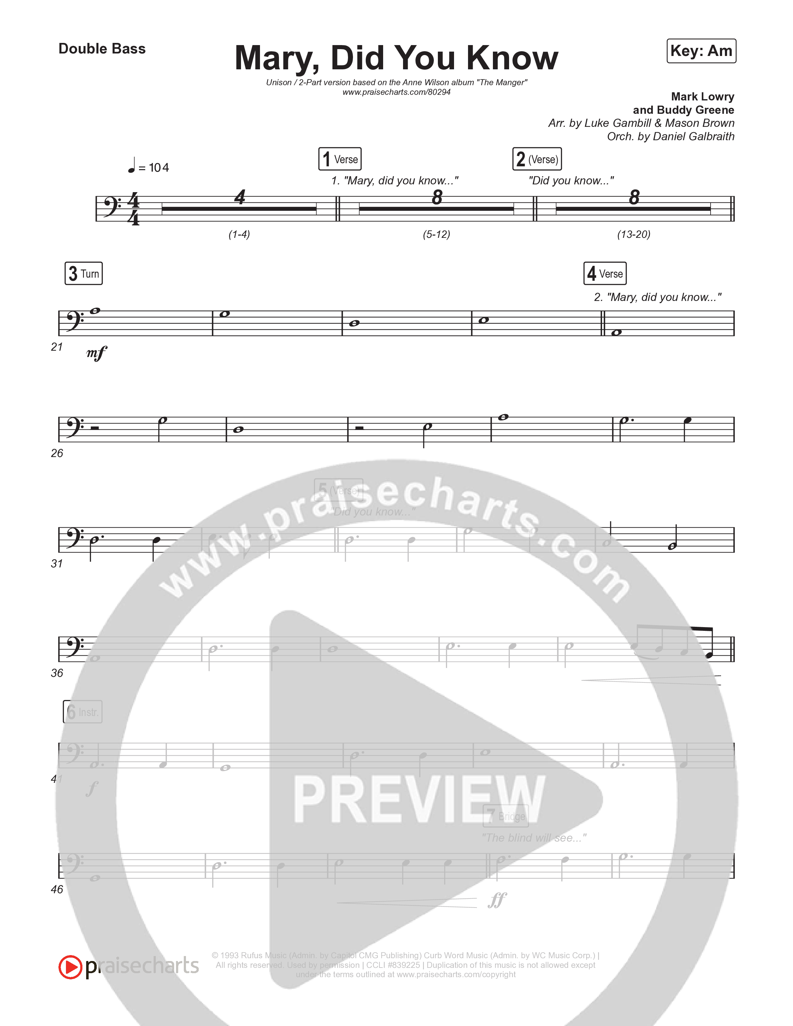Mary Did You Know (Unison/2-Part Choir) Double Bass (Anne Wilson / Arr. Luke Gambill)