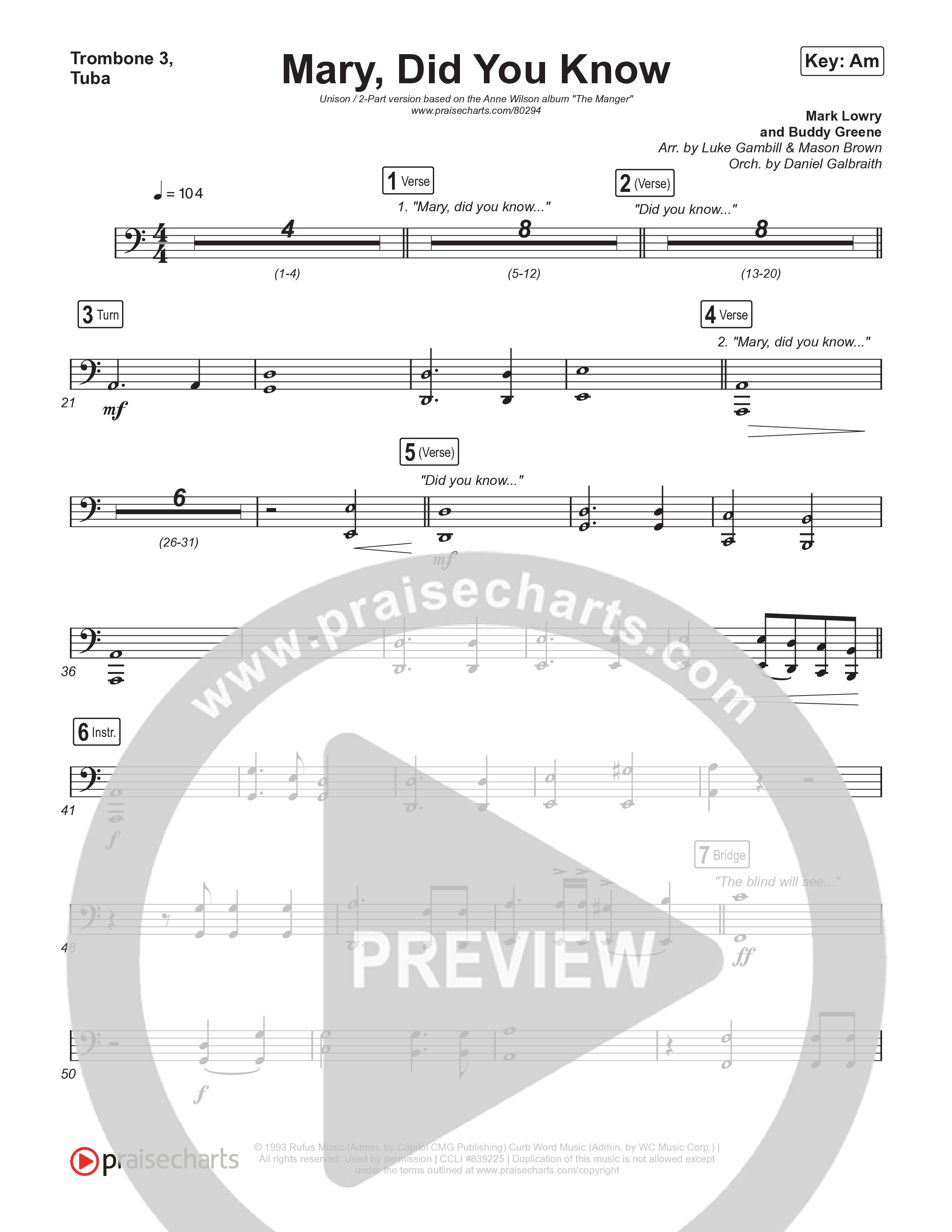 Mary Did You Know (Unison/2-Part Choir) Trombone 3/Tuba (Anne Wilson / Arr. Luke Gambill)