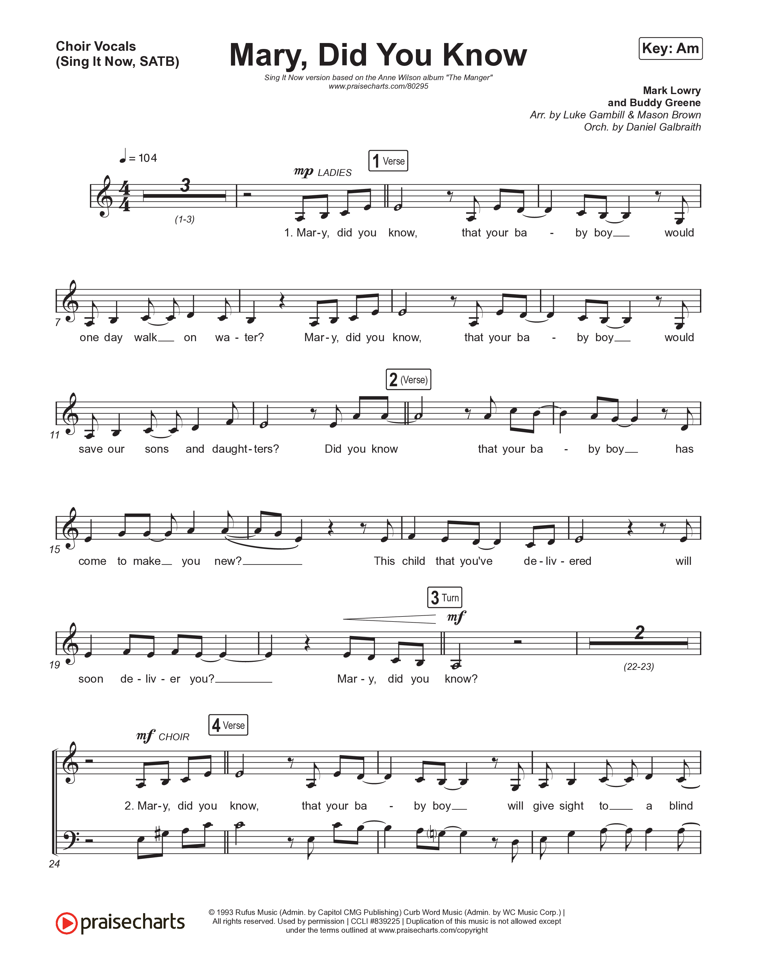 Mary Did You Know (Sing It Now) Choir Sheet (SATB) (Anne Wilson / Arr. Luke Gambill)