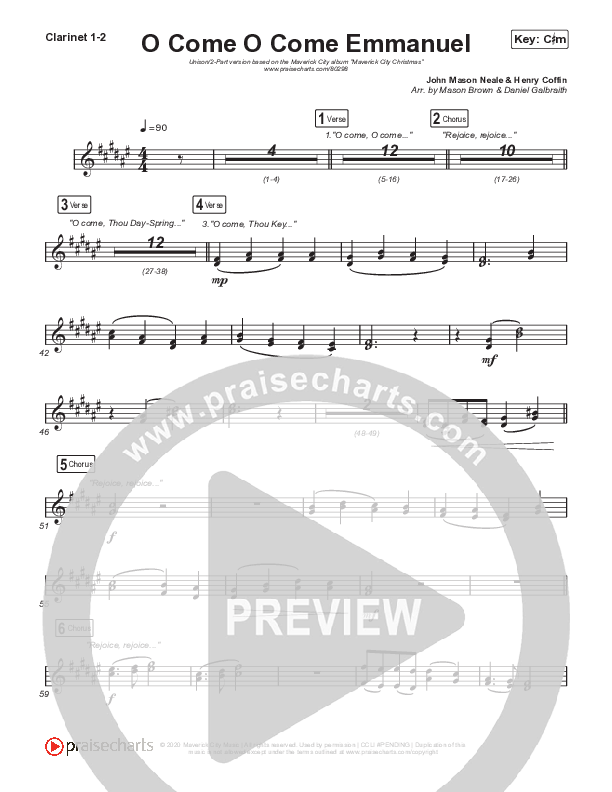 O Come O Come Emmanuel (Unison/2-Part Choir) Clarinet 1/2 (We The Kingdom / Dante Bowe / Maverick City Music / Arr. Mason Brown)