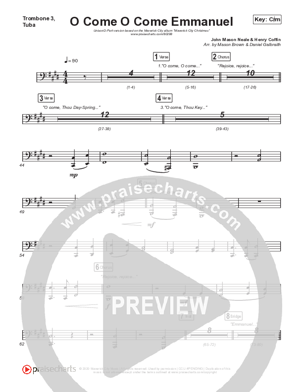 O Come O Come Emmanuel (Unison/2-Part Choir) Trombone 3/Tuba (We The Kingdom / Dante Bowe / Maverick City Music / Arr. Mason Brown)