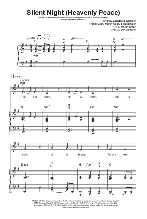 Silent Night (Heavenly Peace) (Unison/2-Part Choir) Octavo (Uni/2-Part & Pno) (We The Kingdom / Dante Bowe / Maverick City Music / Arr. Mason Brown)