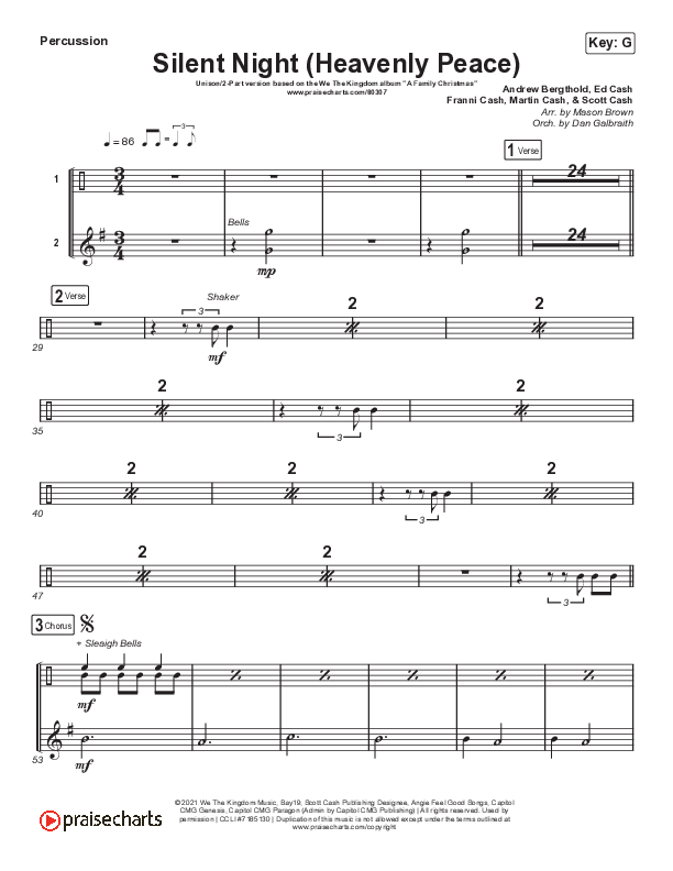 Silent Night (Heavenly Peace) (Unison/2-Part Choir) Percussion (We The Kingdom / Dante Bowe / Maverick City Music / Arr. Mason Brown)