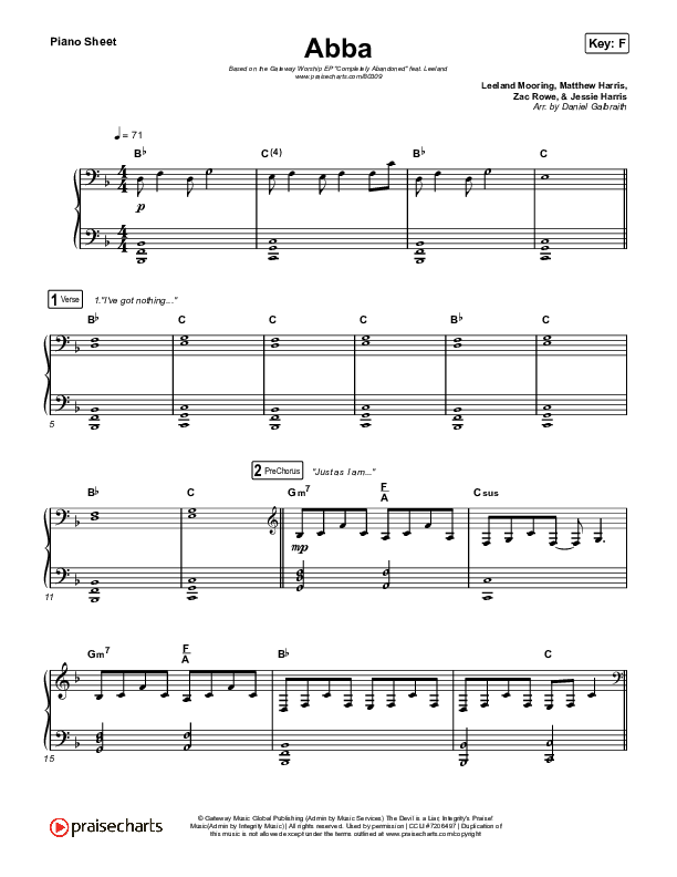 Abba Piano Sheet (Gateway Worship / Leeland)