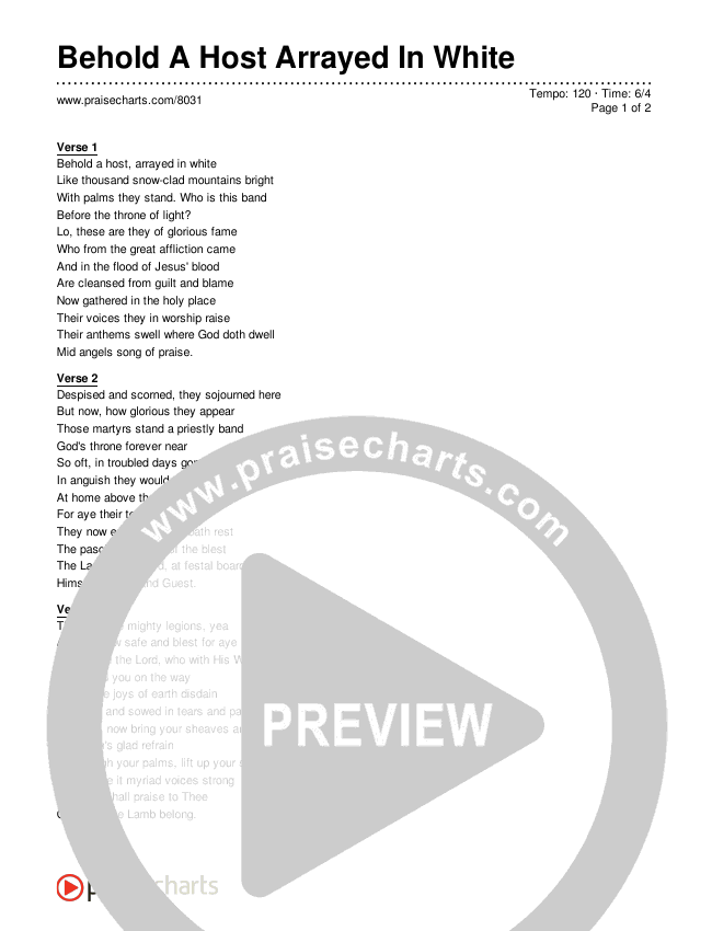 Behold A Host Arrayed In White Chords Pdf Traditional Hymn Praisecharts