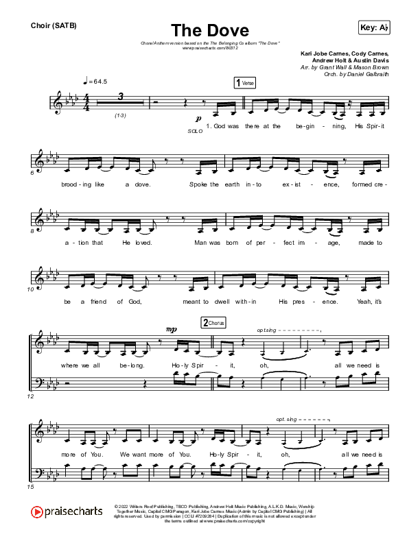 The Dove (Choral Anthem SATB) Choir Sheet (SATB) (The Belonging Co / Kari Jobe / Arr. Mason Brown)