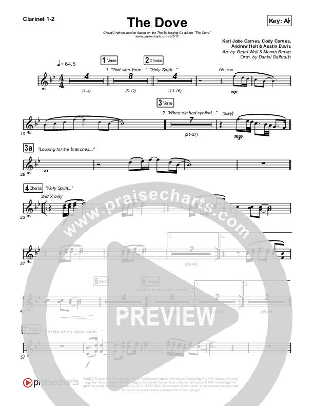 The Dove (Choral Anthem SATB) Clarinet 1/2 (The Belonging Co / Kari Jobe / Arr. Mason Brown)