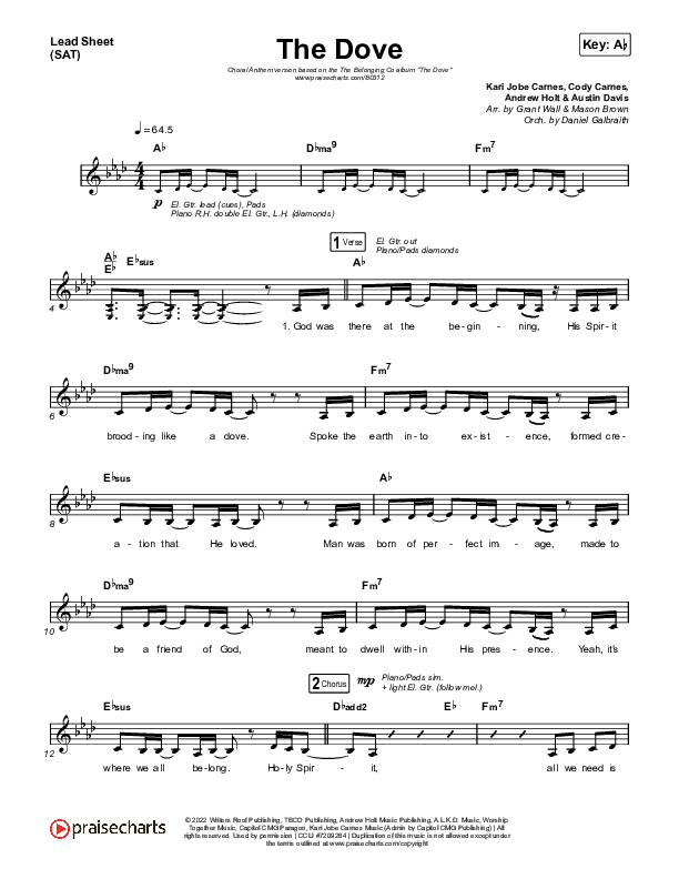 The Dove (Choral Anthem SATB) Lead Sheet (SAT) (The Belonging Co / Kari Jobe / Arr. Mason Brown)