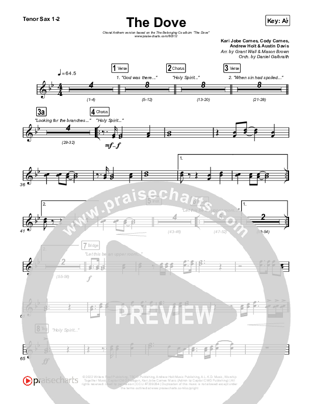 The Dove (Choral Anthem SATB) Tenor Sax 1,2 (The Belonging Co / Kari Jobe / Arr. Mason Brown)