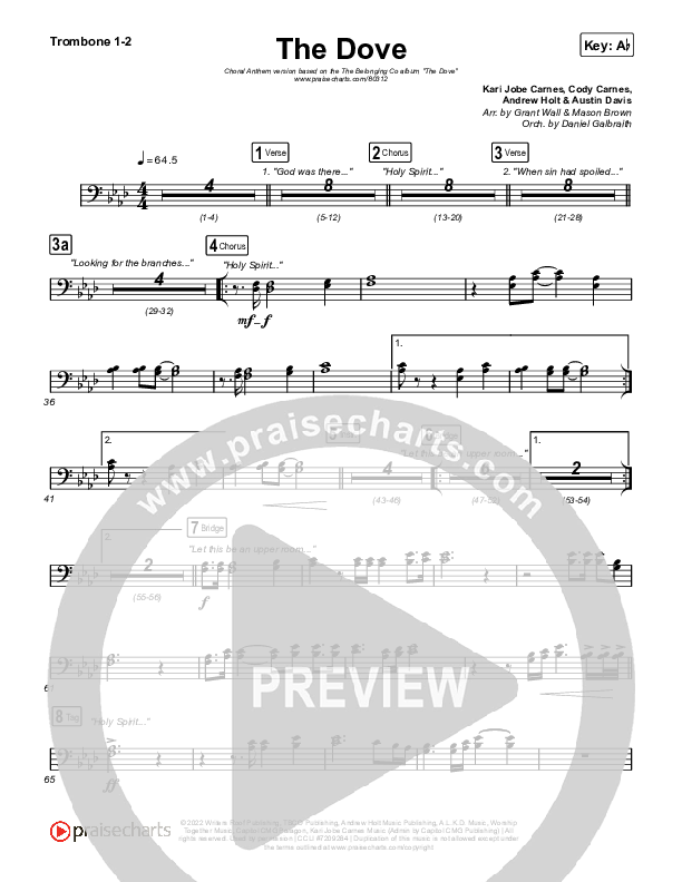 The Dove (Choral Anthem SATB) Trombone 1,2 (The Belonging Co / Kari Jobe / Arr. Mason Brown)