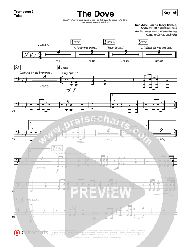 The Dove (Choral Anthem SATB) Trombone 3/Tuba (The Belonging Co / Kari Jobe / Arr. Mason Brown)