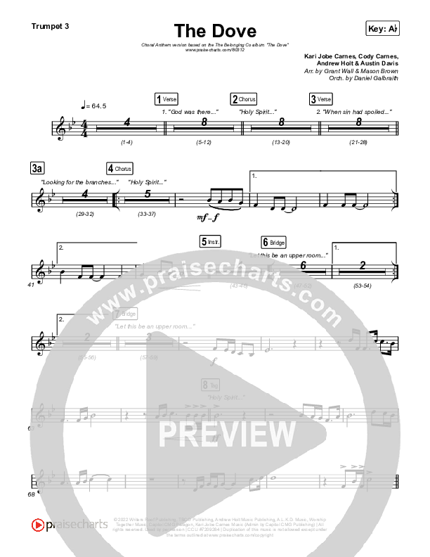 The Dove (Choral Anthem SATB) Trumpet 3 (The Belonging Co / Kari Jobe / Arr. Mason Brown)