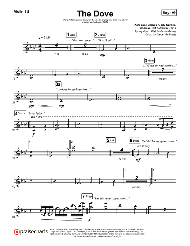The Dove (Choral Anthem SATB) Violin 1,2 (The Belonging Co / Kari Jobe / Arr. Mason Brown)