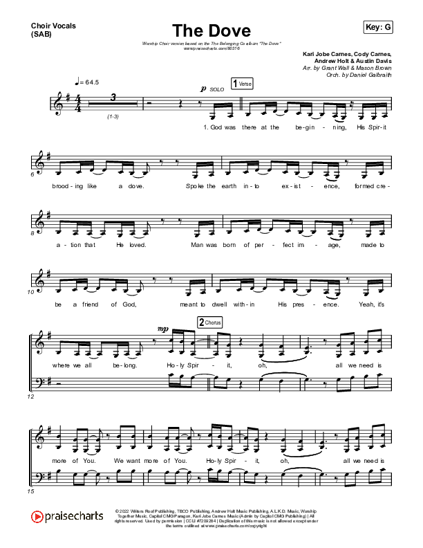 The Dove (Worship Choir SAB) Choir Sheet (SAB) (The Belonging Co / Kari Jobe / Arr. Mason Brown)